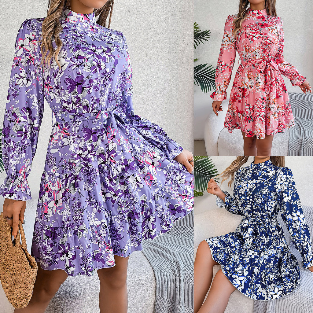 Floral Stand-Collar Ruffle Dress