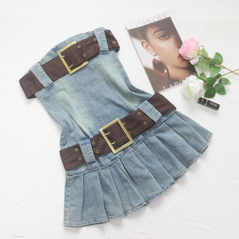Pleated Denim Bandeau Dress with Belt
