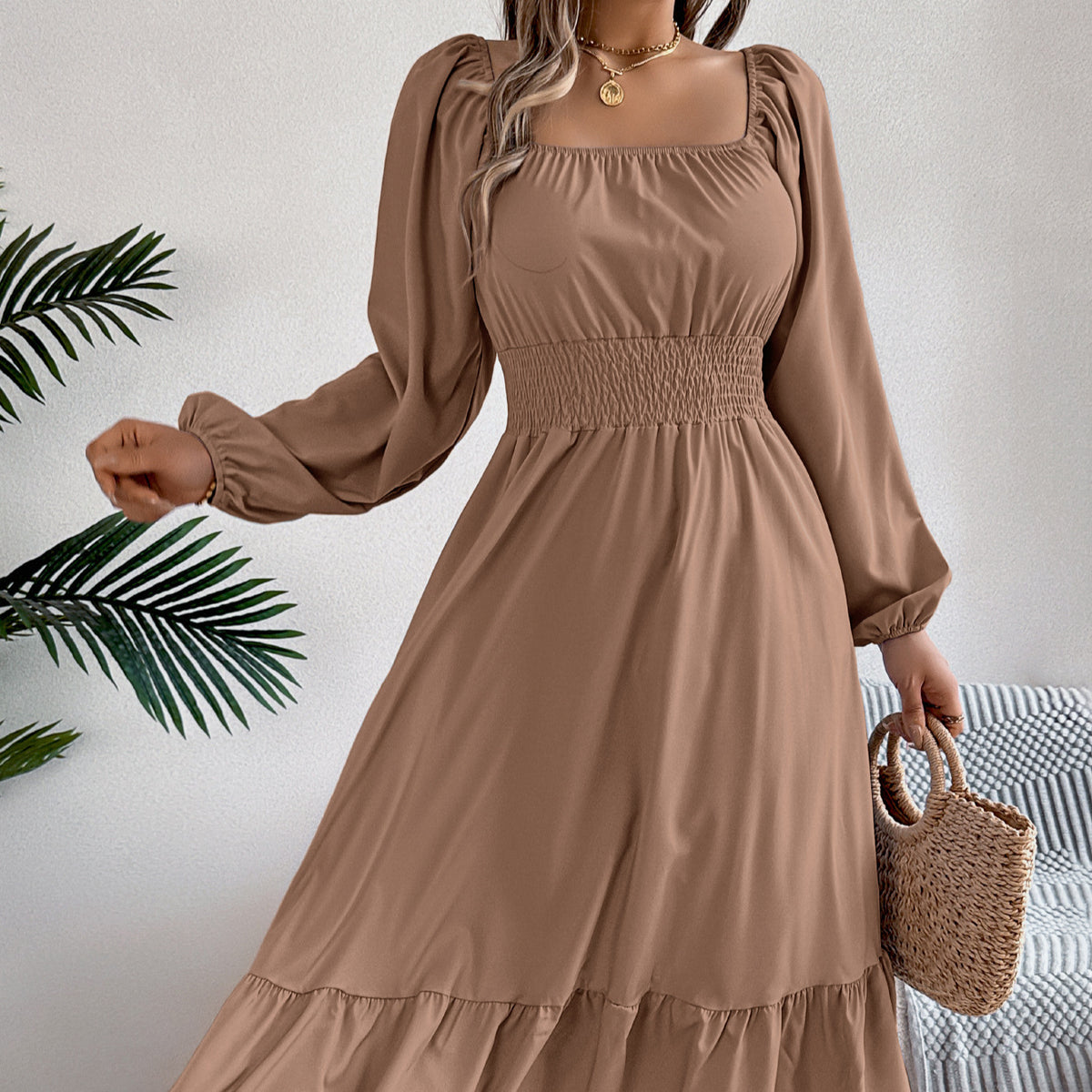 Square-Neck Ruffle A-Line Dress