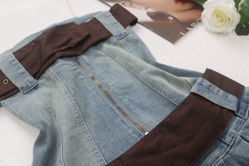 Pleated Denim Bandeau Dress with Belt