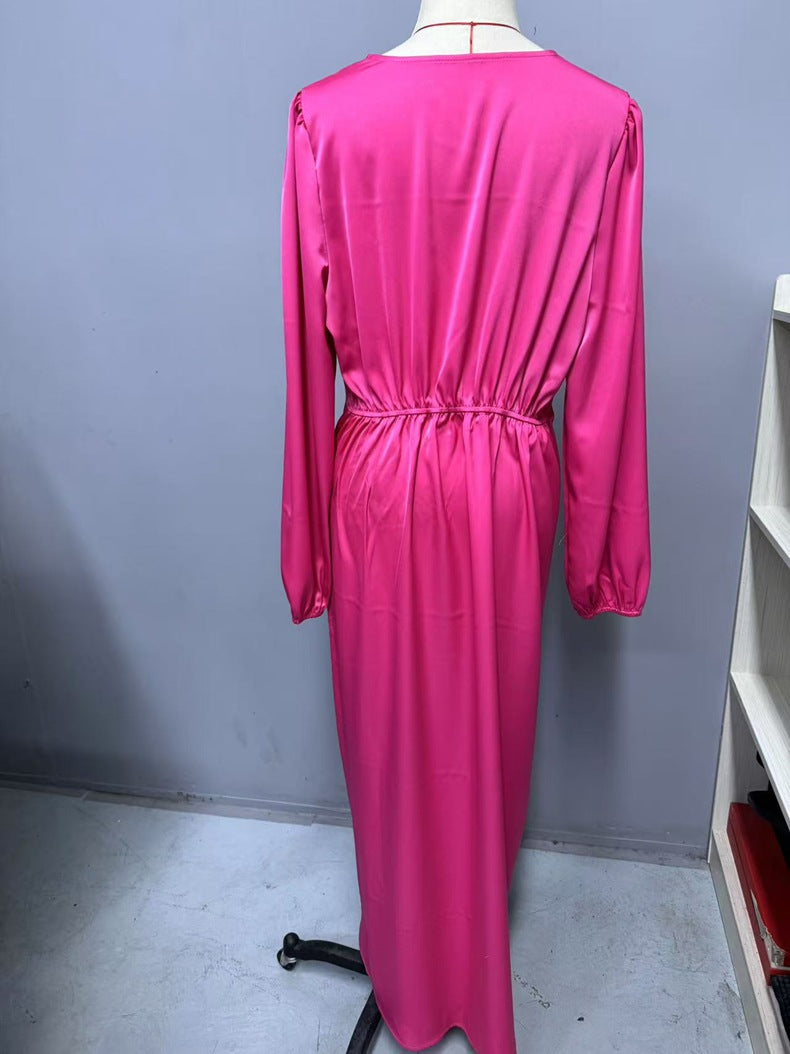 Long-Sleeve Satin Slit Dress