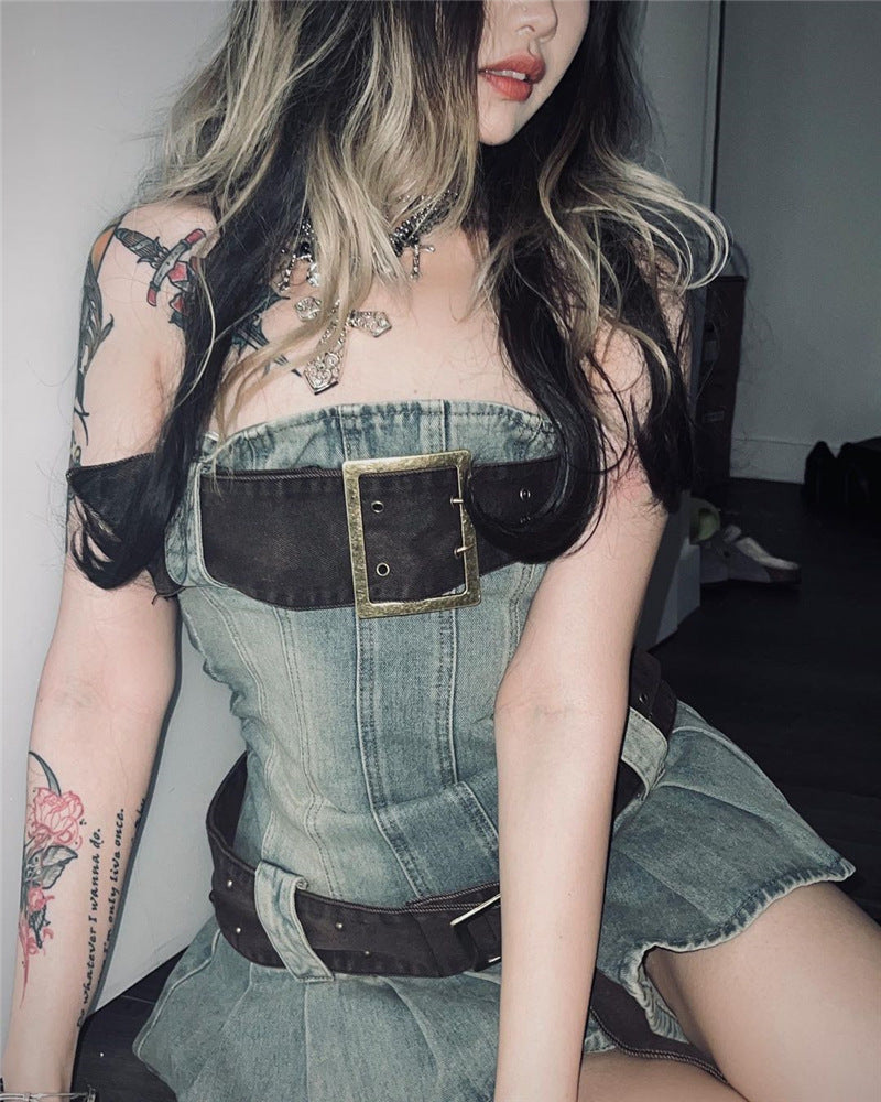 Pleated Denim Bandeau Dress with Belt