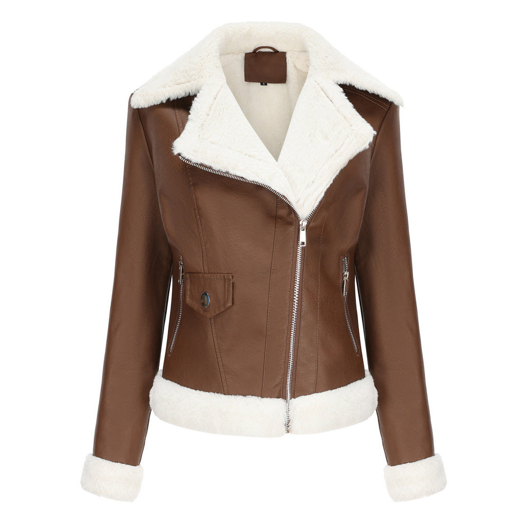 Faux Leather Long-Sleeve Lapel Jacket