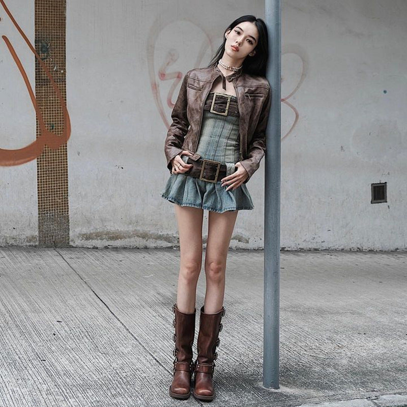 Pleated Denim Bandeau Dress with Belt