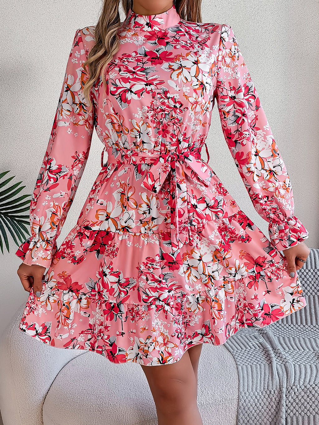 Floral Stand-Collar Ruffle Dress