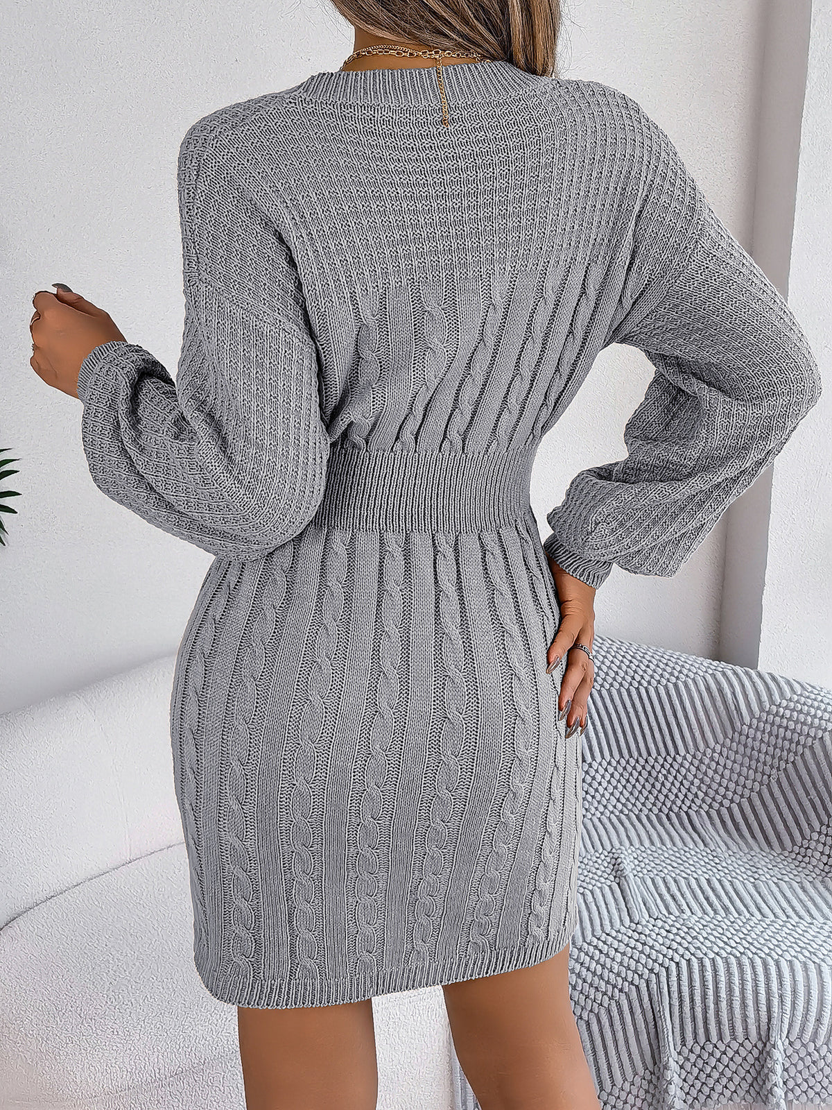 Twist Cutout Lantern-Sleeve Sweater Dress