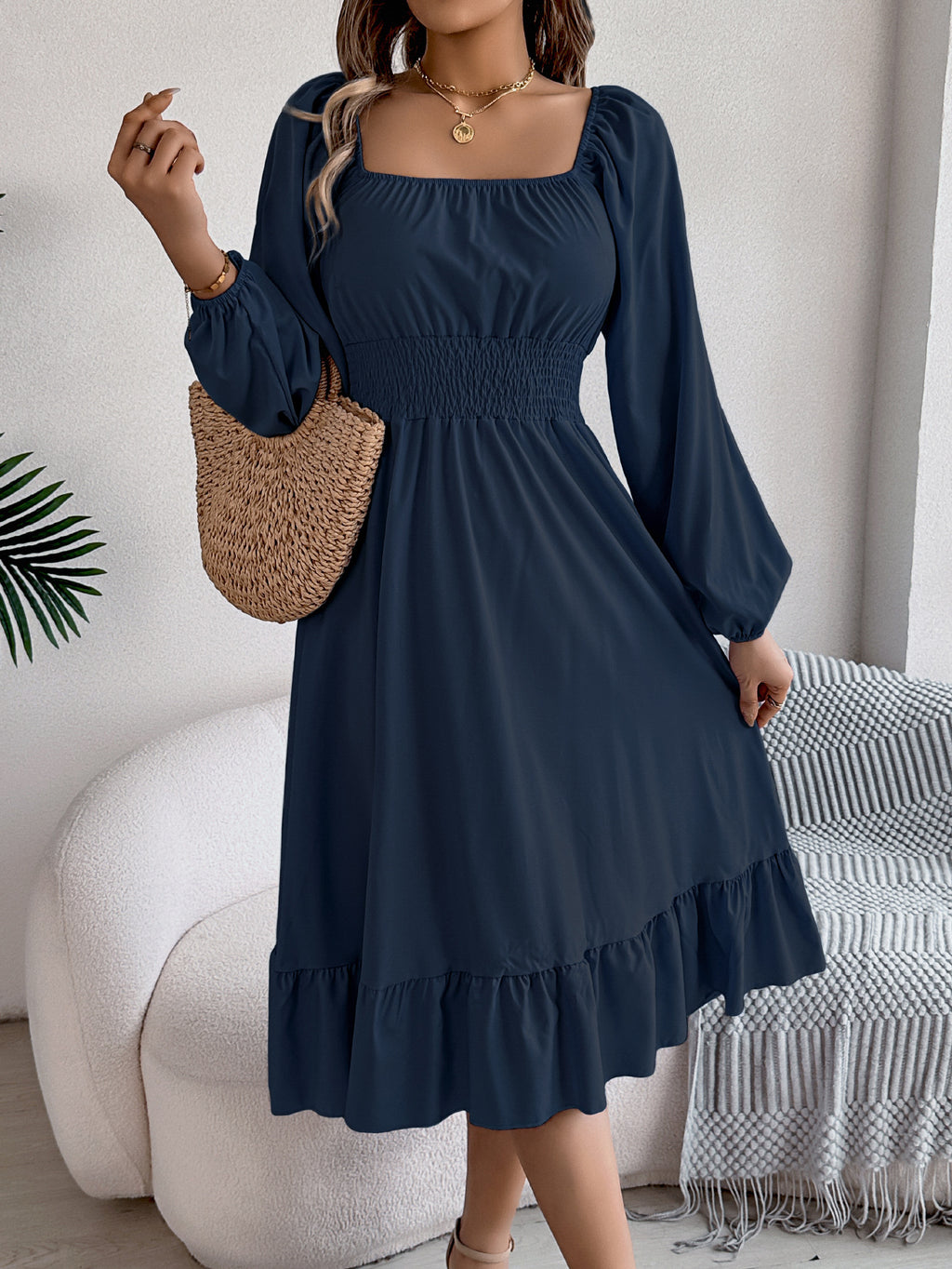 Square-Neck Ruffle A-Line Dress