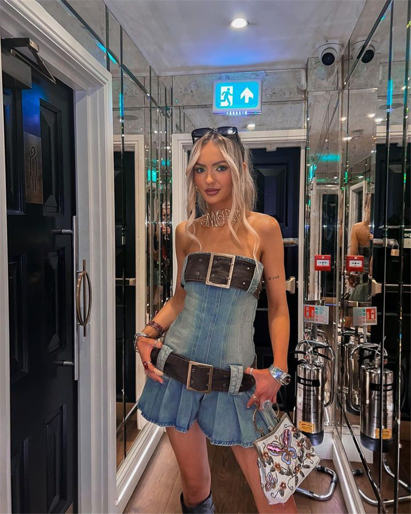 Pleated Denim Bandeau Dress with Belt