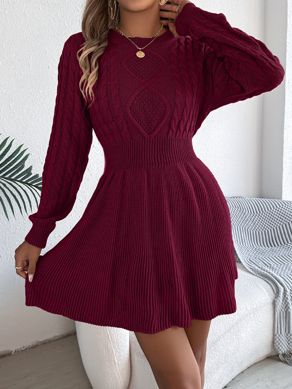 Twist-Waist Lantern-Sleeve Sweater Dress