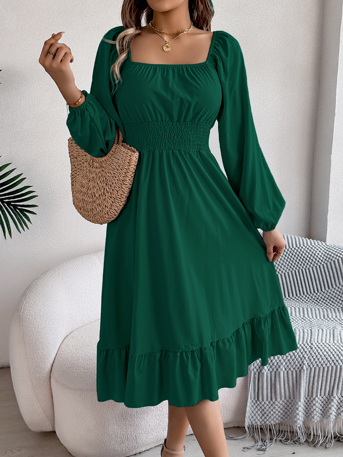 Square-Neck Ruffle A-Line Dress