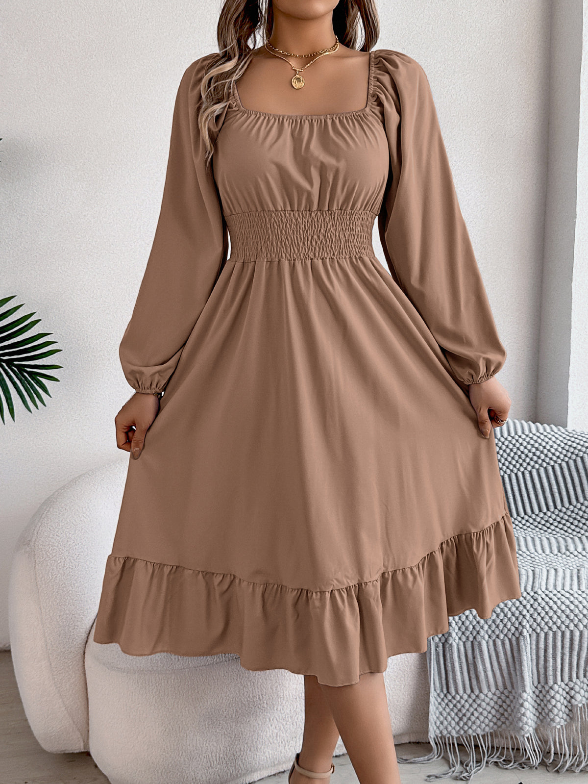 Square-Neck Ruffle A-Line Dress