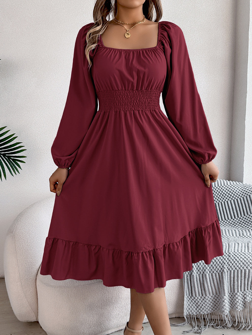 Square-Neck Ruffle A-Line Dress