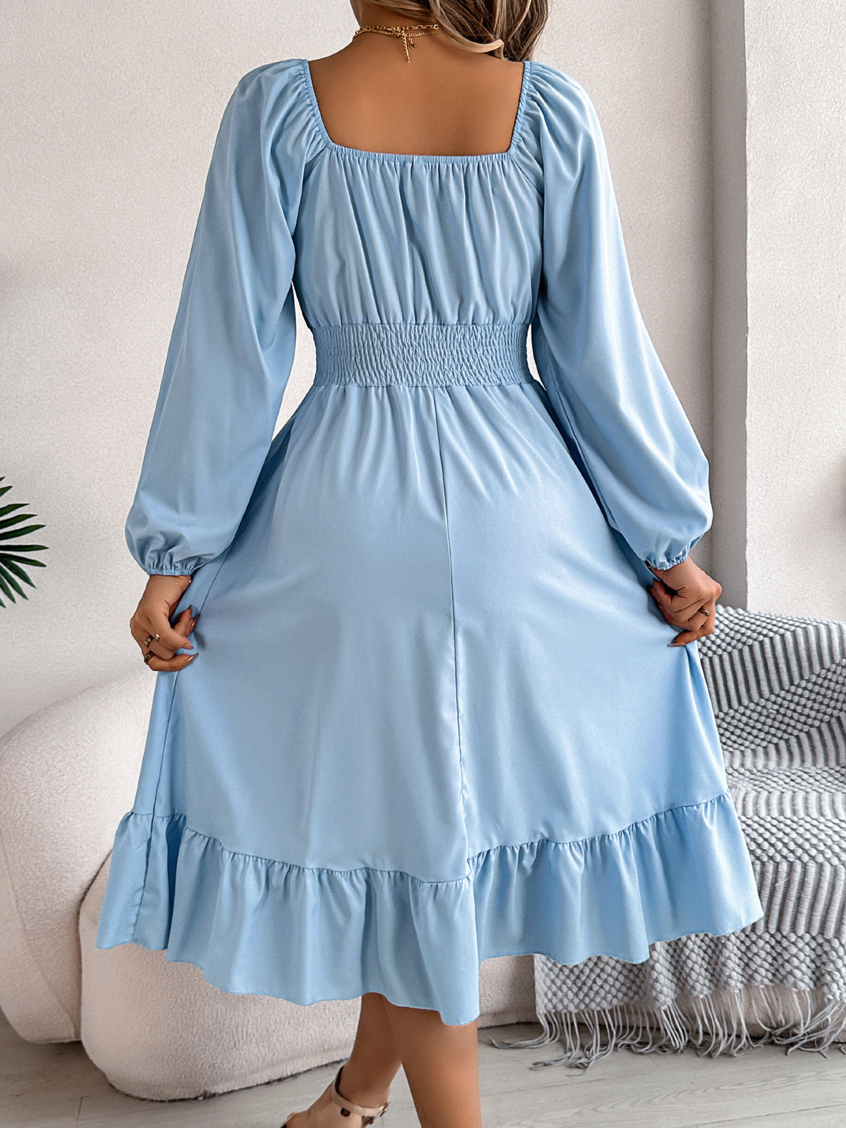 Square-Neck Ruffle A-Line Dress