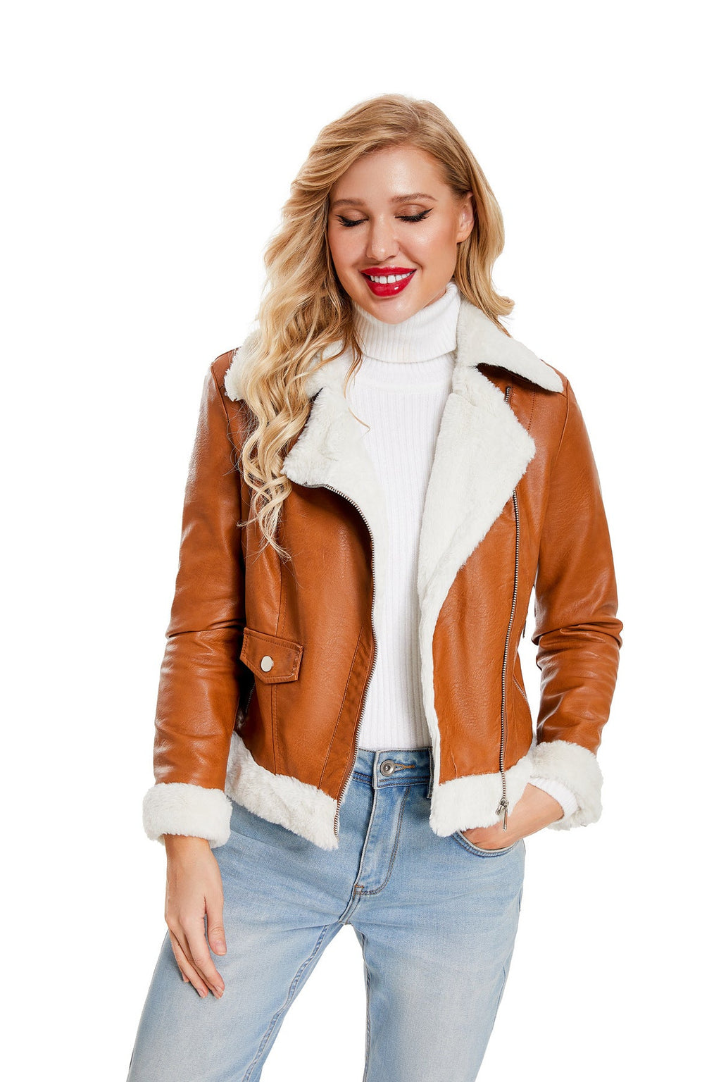 Faux Leather Long-Sleeve Lapel Jacket