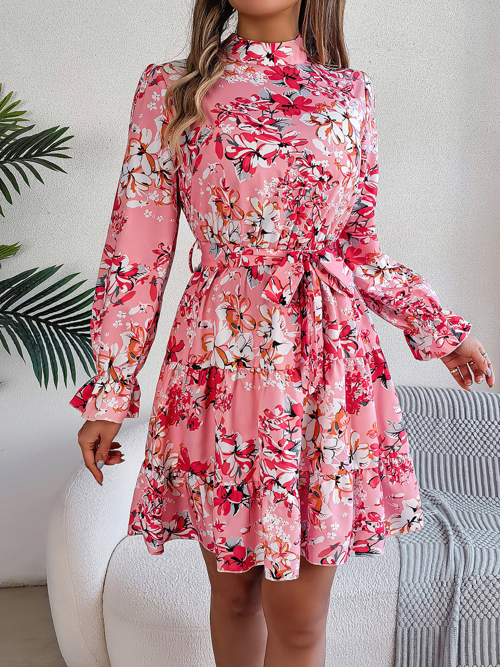 Floral Stand-Collar Ruffle Dress
