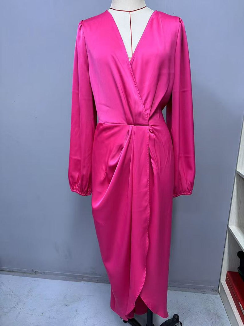 Long-Sleeve Satin Slit Dress