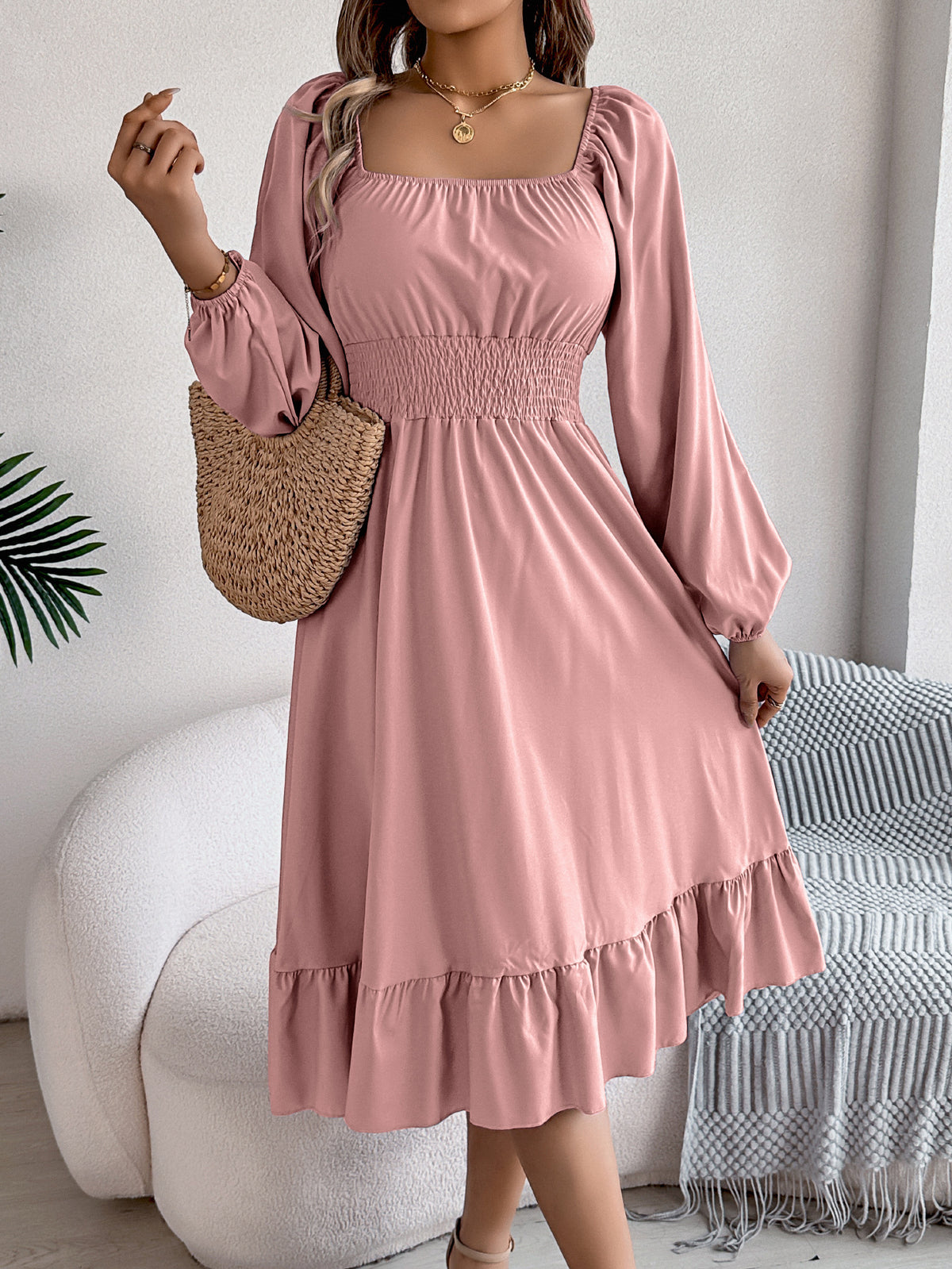 Square-Neck Ruffle A-Line Dress