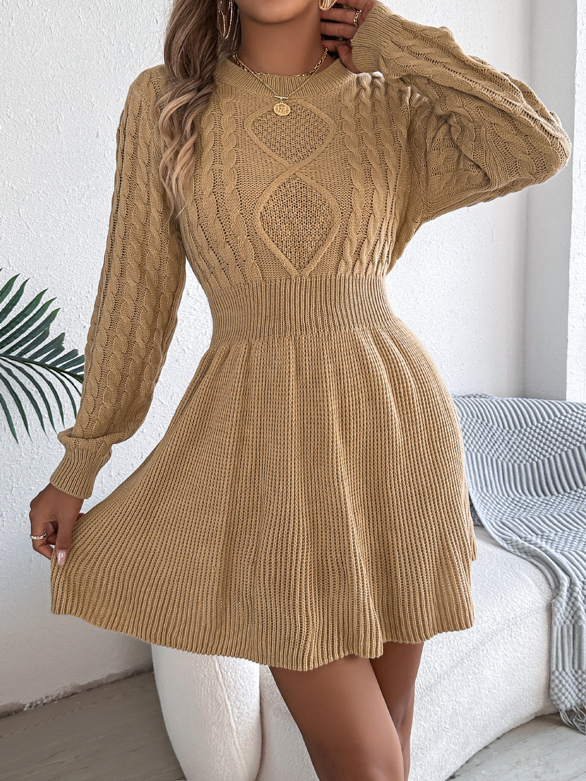 Twist-Waist Lantern-Sleeve Sweater Dress