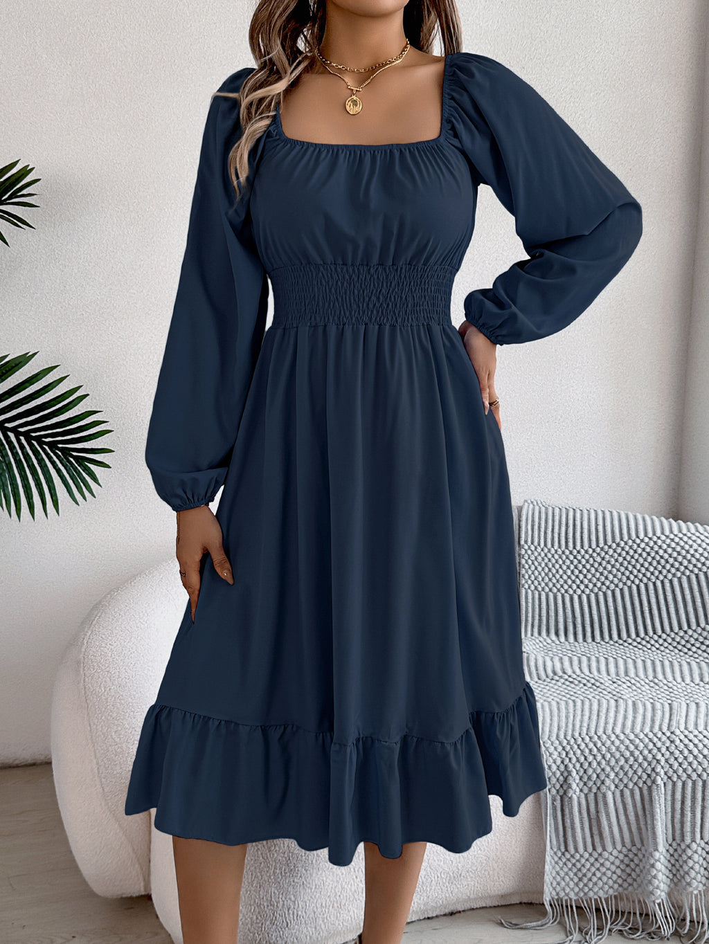 Square-Neck Ruffle A-Line Dress