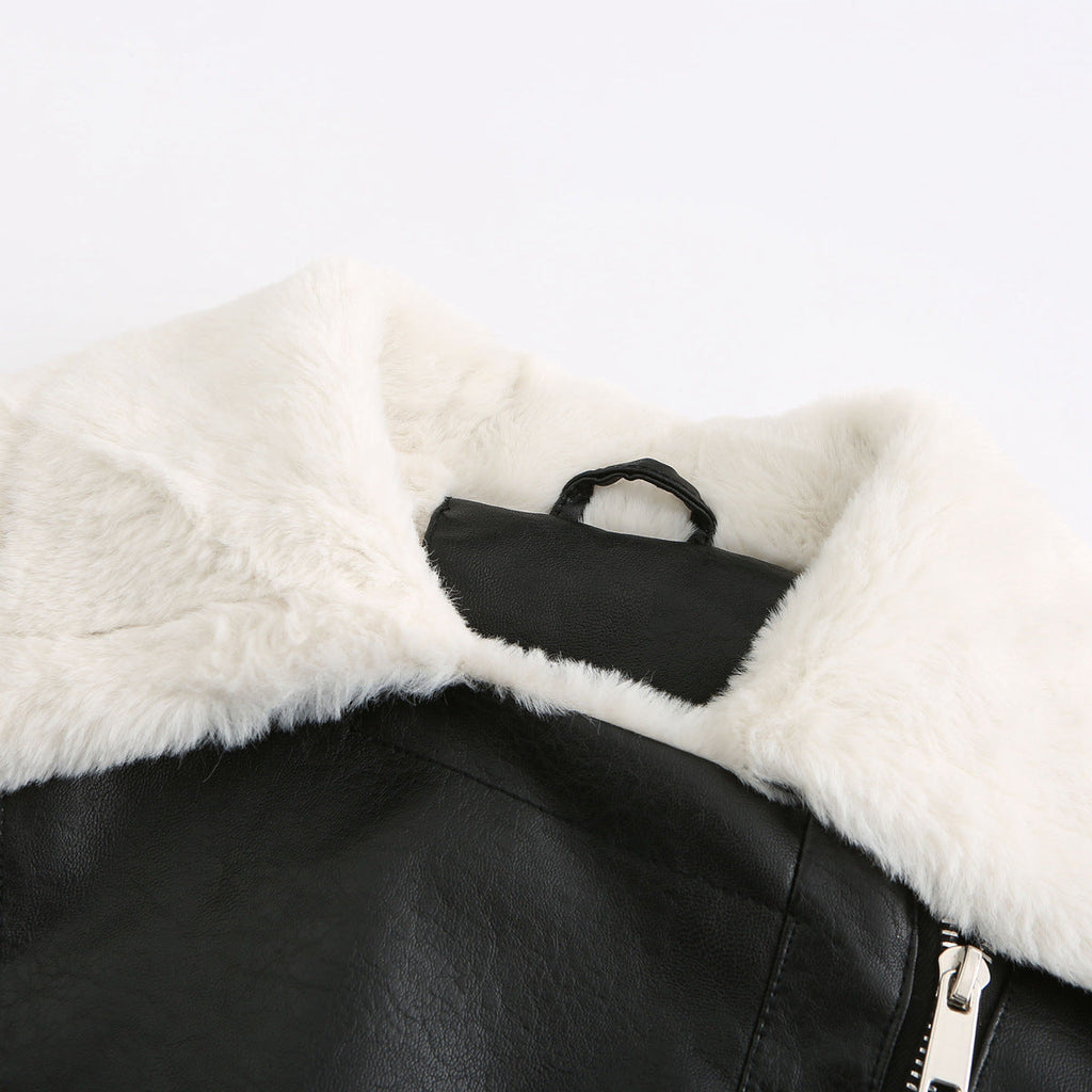 Faux Leather Long-Sleeve Lapel Jacket