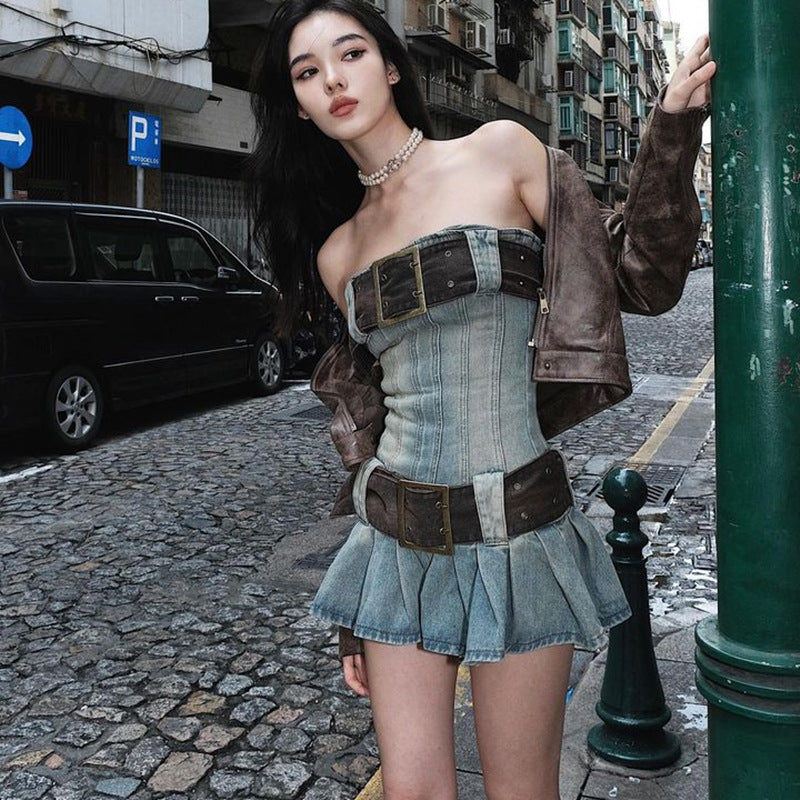 Pleated Denim Bandeau Dress with Belt