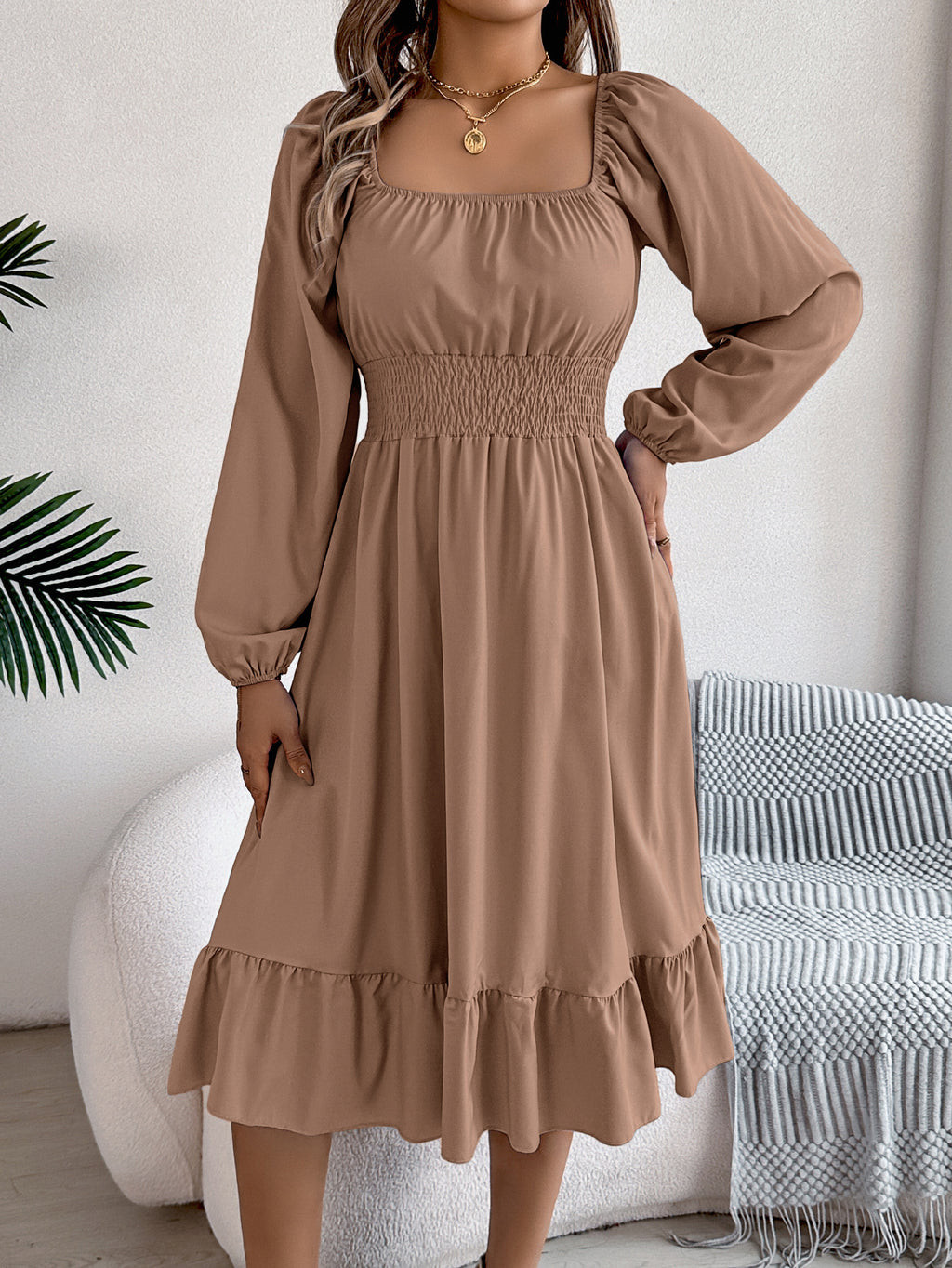 Square-Neck Ruffle A-Line Dress