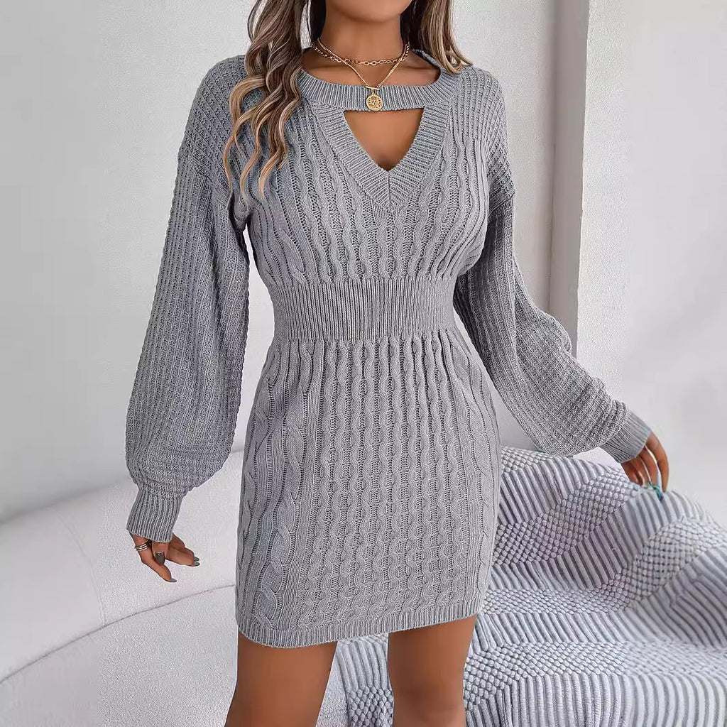 Twist Cutout Lantern-Sleeve Sweater Dress
