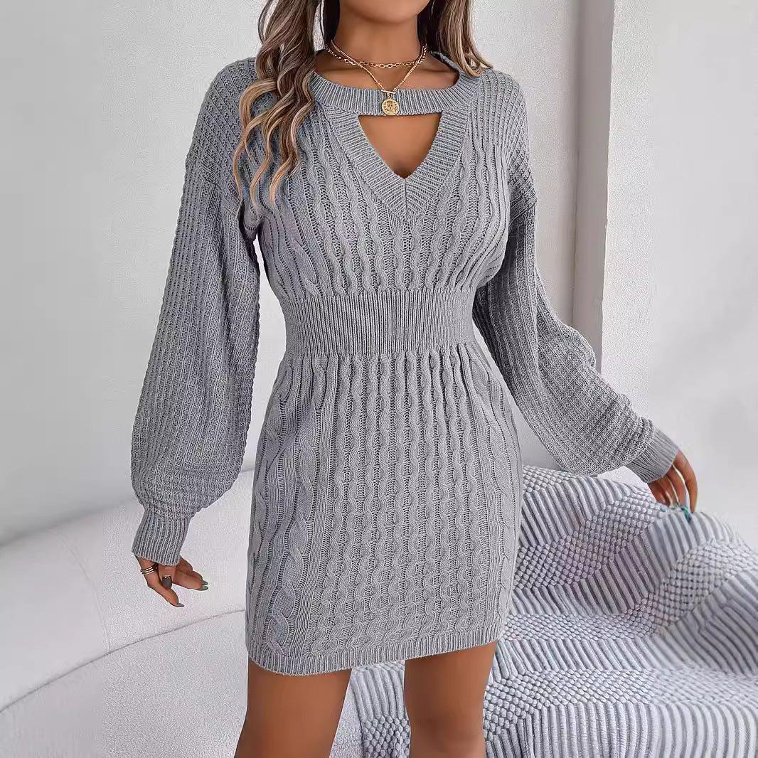 Twist Cutout Lantern-Sleeve Sweater Dress