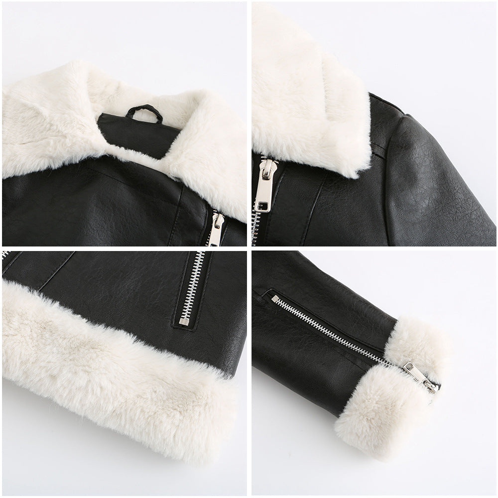 Faux Leather Long-Sleeve Lapel Jacket