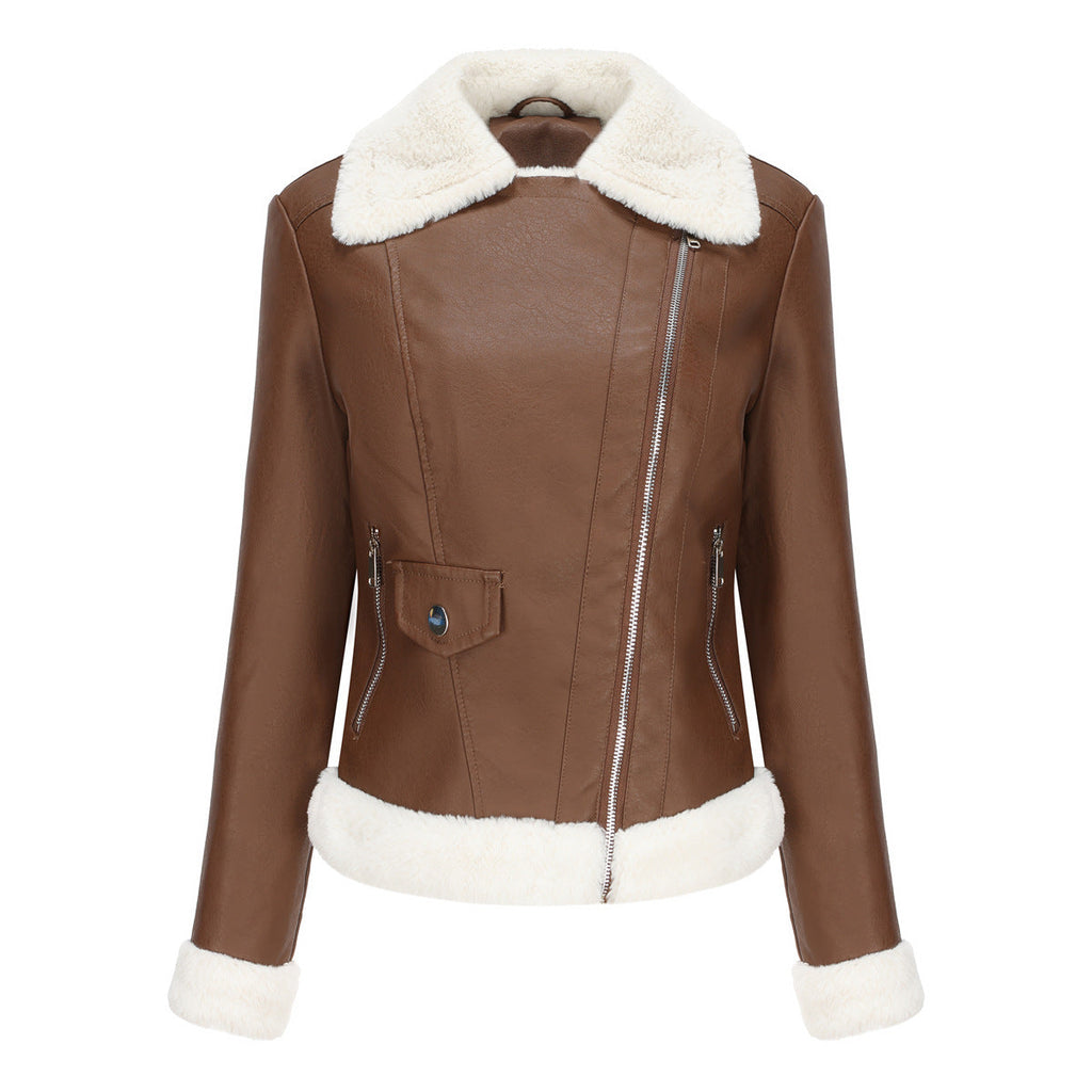 Faux Leather Long-Sleeve Lapel Jacket