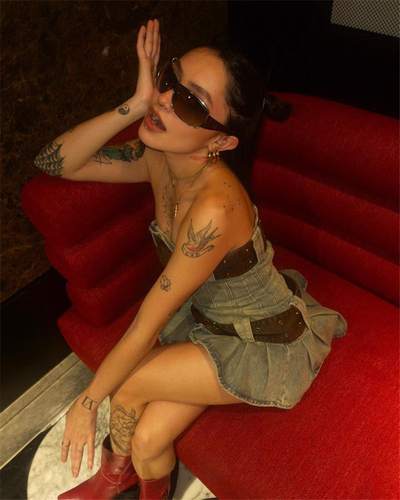 Pleated Denim Bandeau Dress with Belt