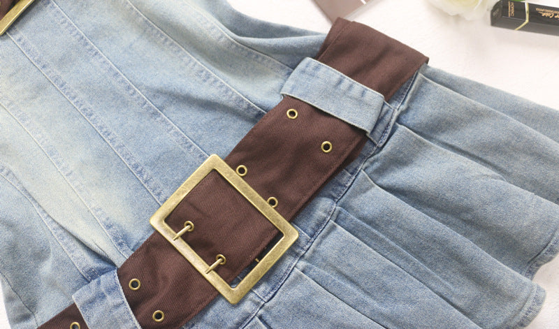 Pleated Denim Bandeau Dress with Belt