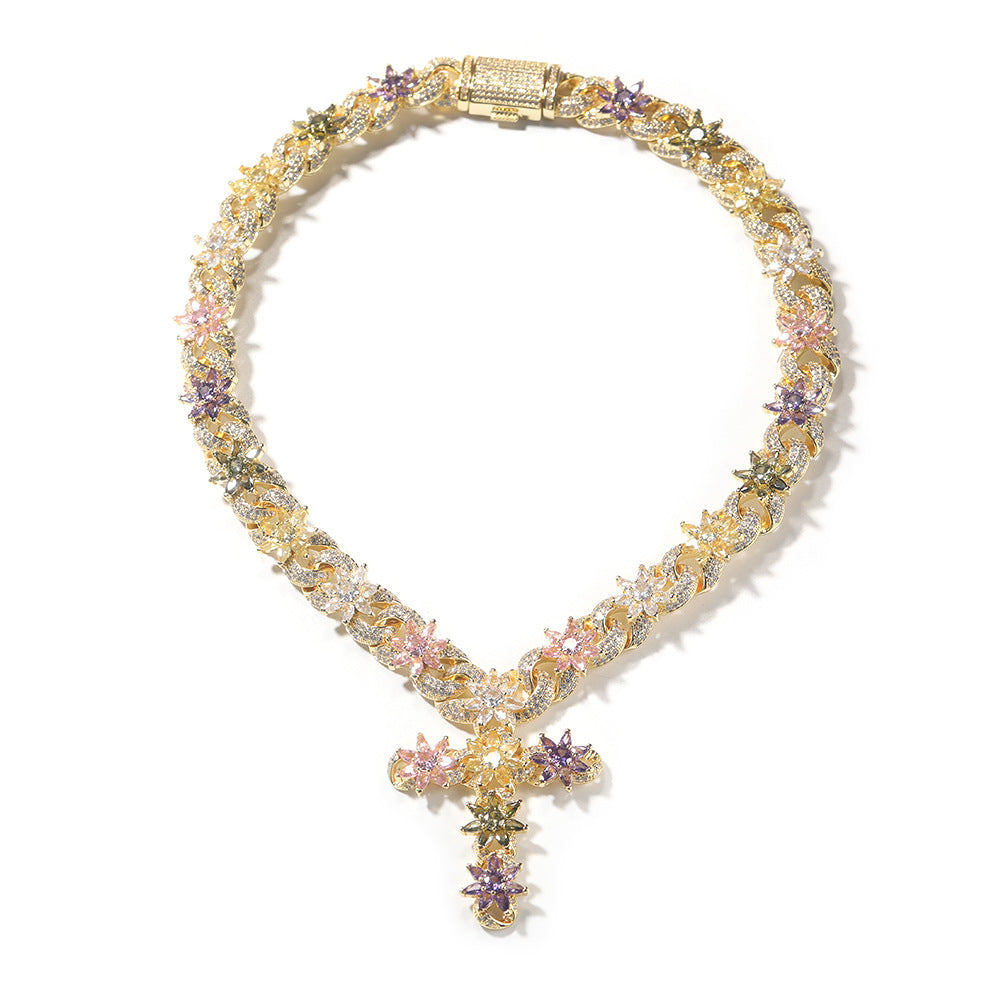 Colorful zircon ice flower cross necklace