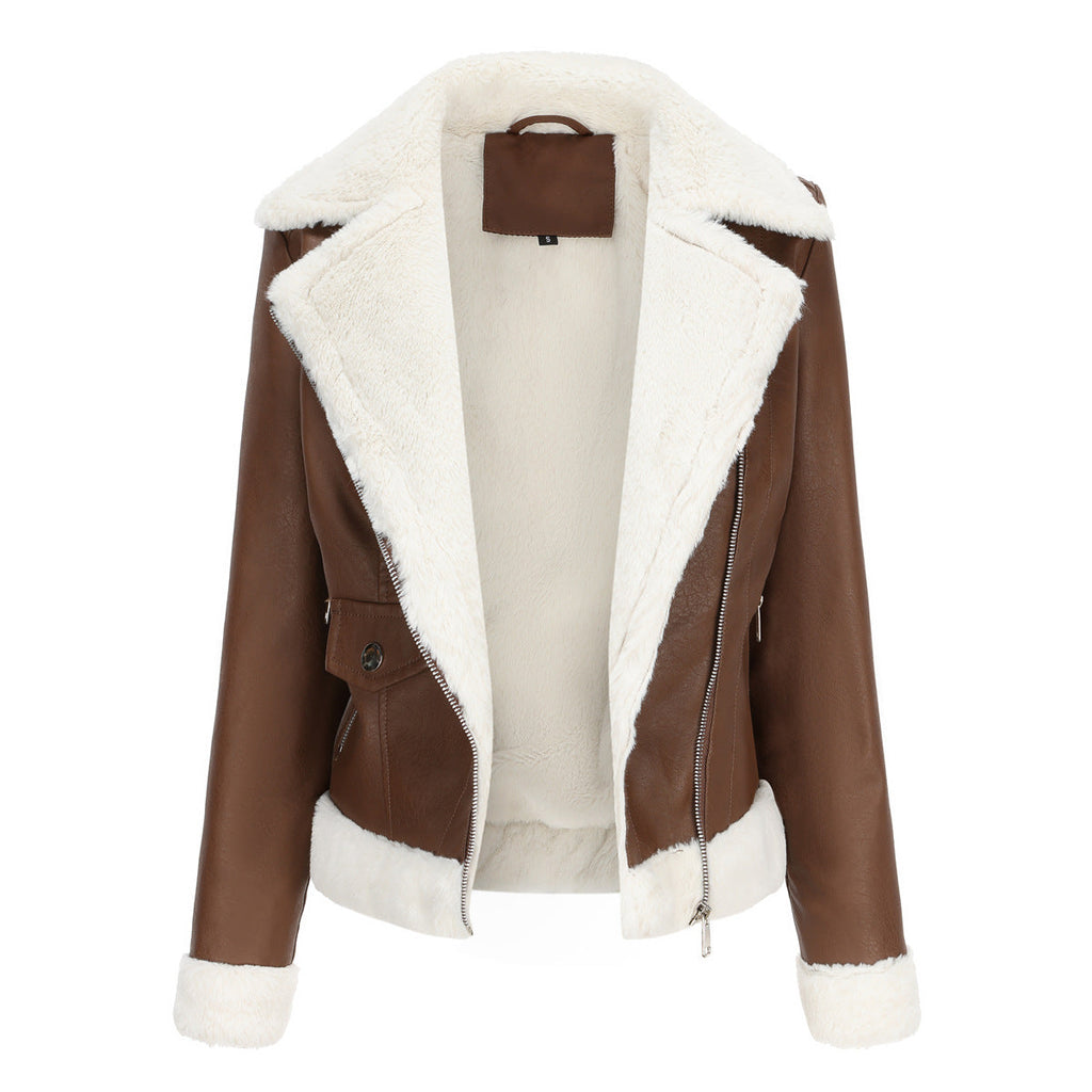 Faux Leather Long-Sleeve Lapel Jacket