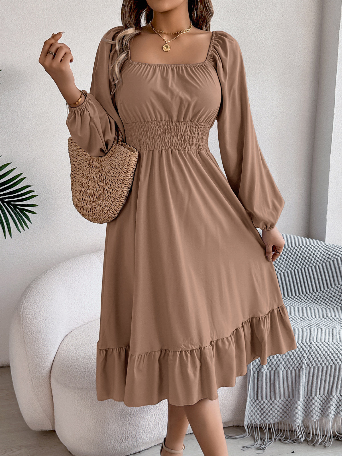 Square-Neck Ruffle A-Line Dress
