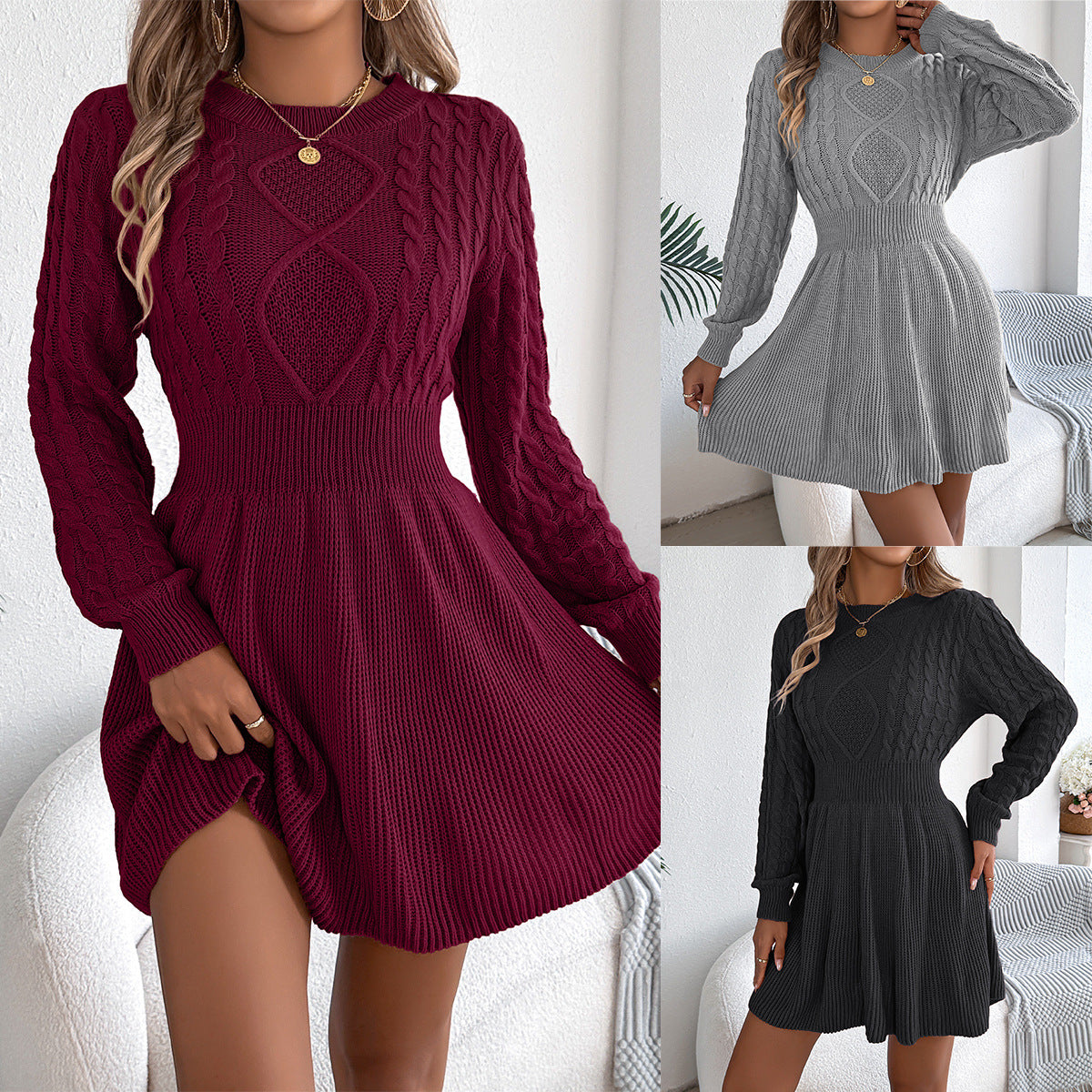 Twist-Waist Lantern-Sleeve Sweater Dress