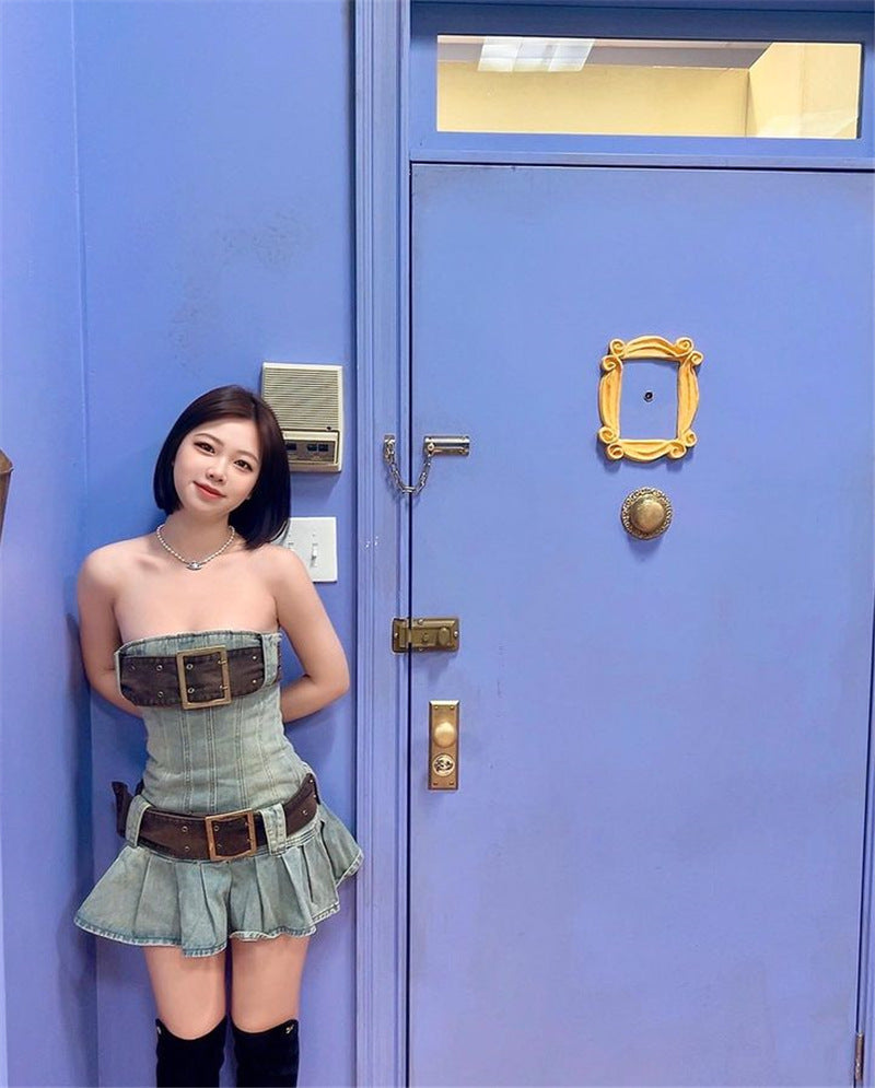 Pleated Denim Bandeau Dress with Belt