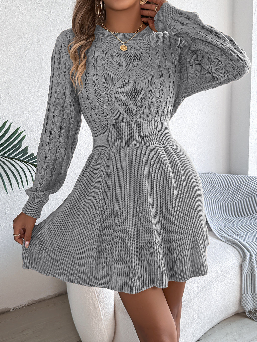 Twist-Waist Lantern-Sleeve Sweater Dress