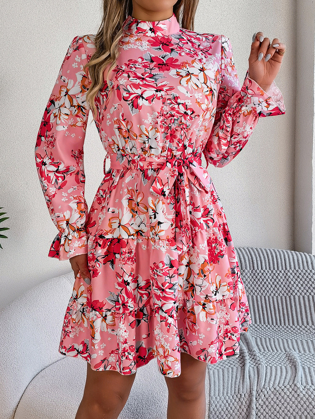 Floral Stand-Collar Ruffle Dress
