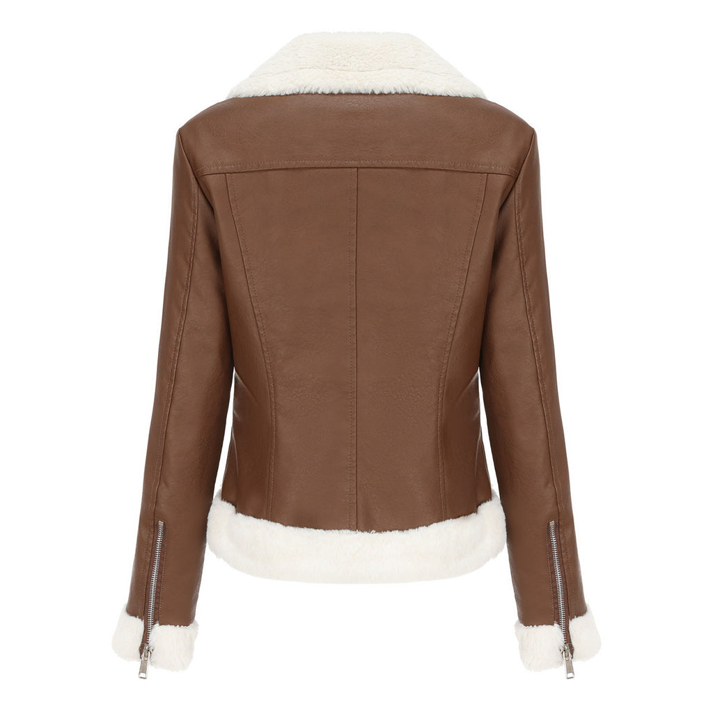 Faux Leather Long-Sleeve Lapel Jacket