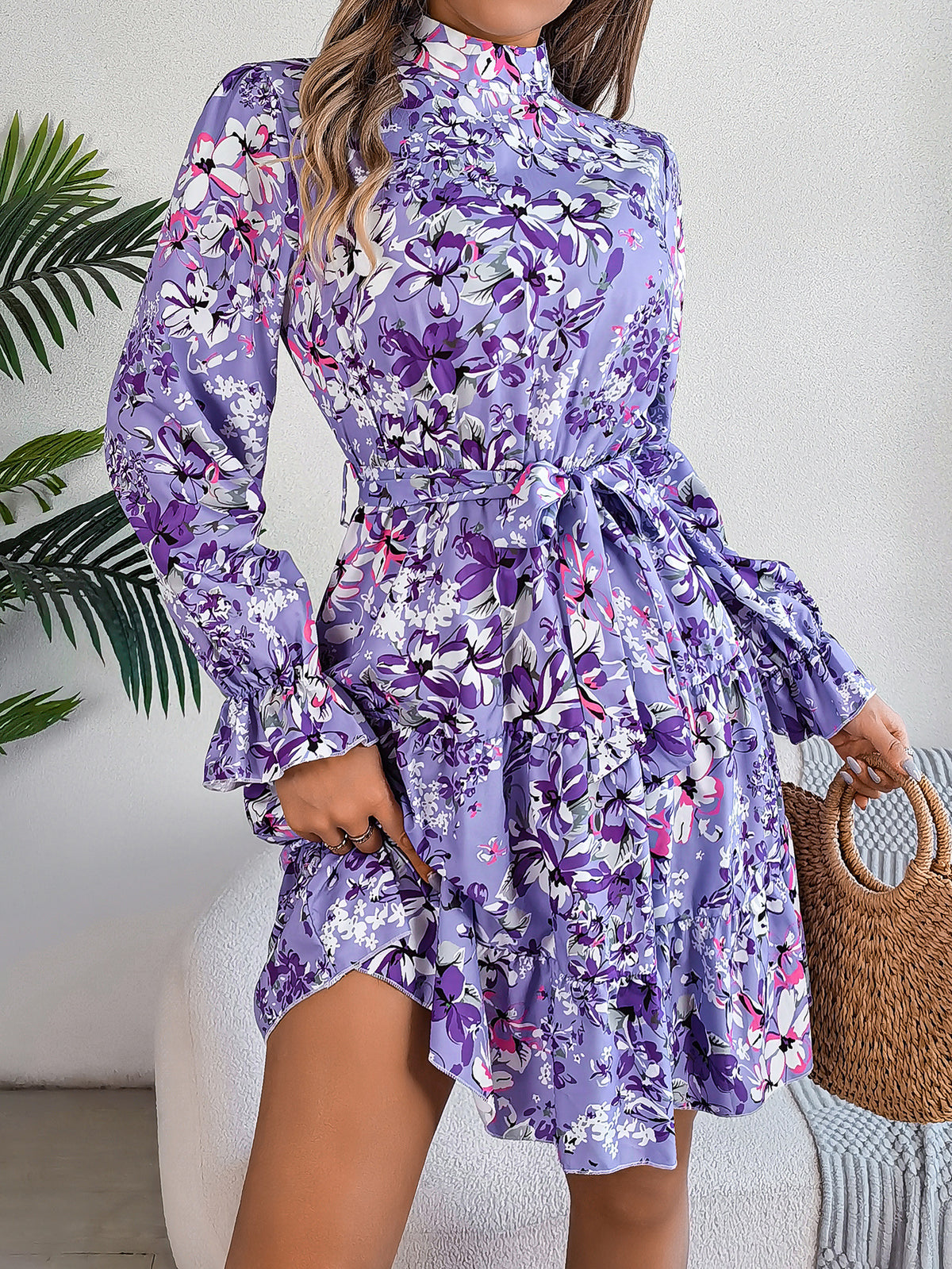 Floral Stand-Collar Ruffle Dress