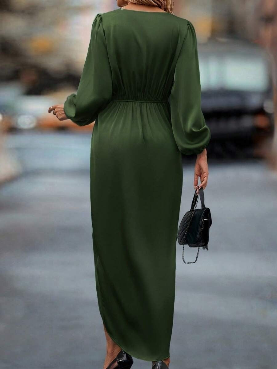 Long-Sleeve Satin Slit Dress