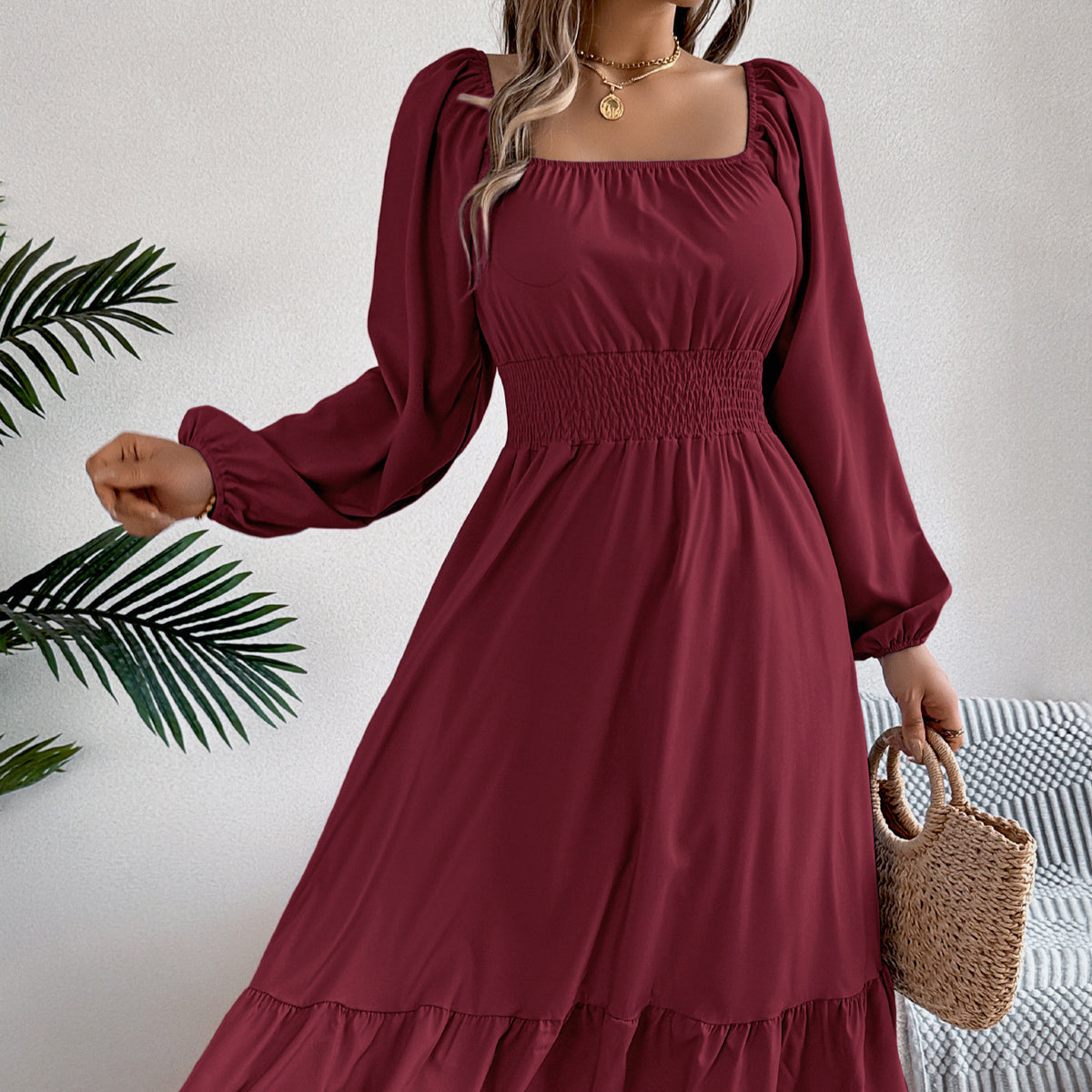 Square-Neck Ruffle A-Line Dress
