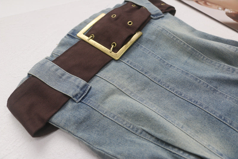 Pleated Denim Bandeau Dress with Belt
