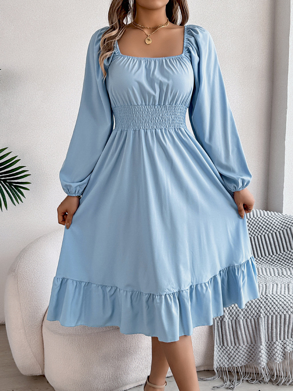 Square-Neck Ruffle A-Line Dress
