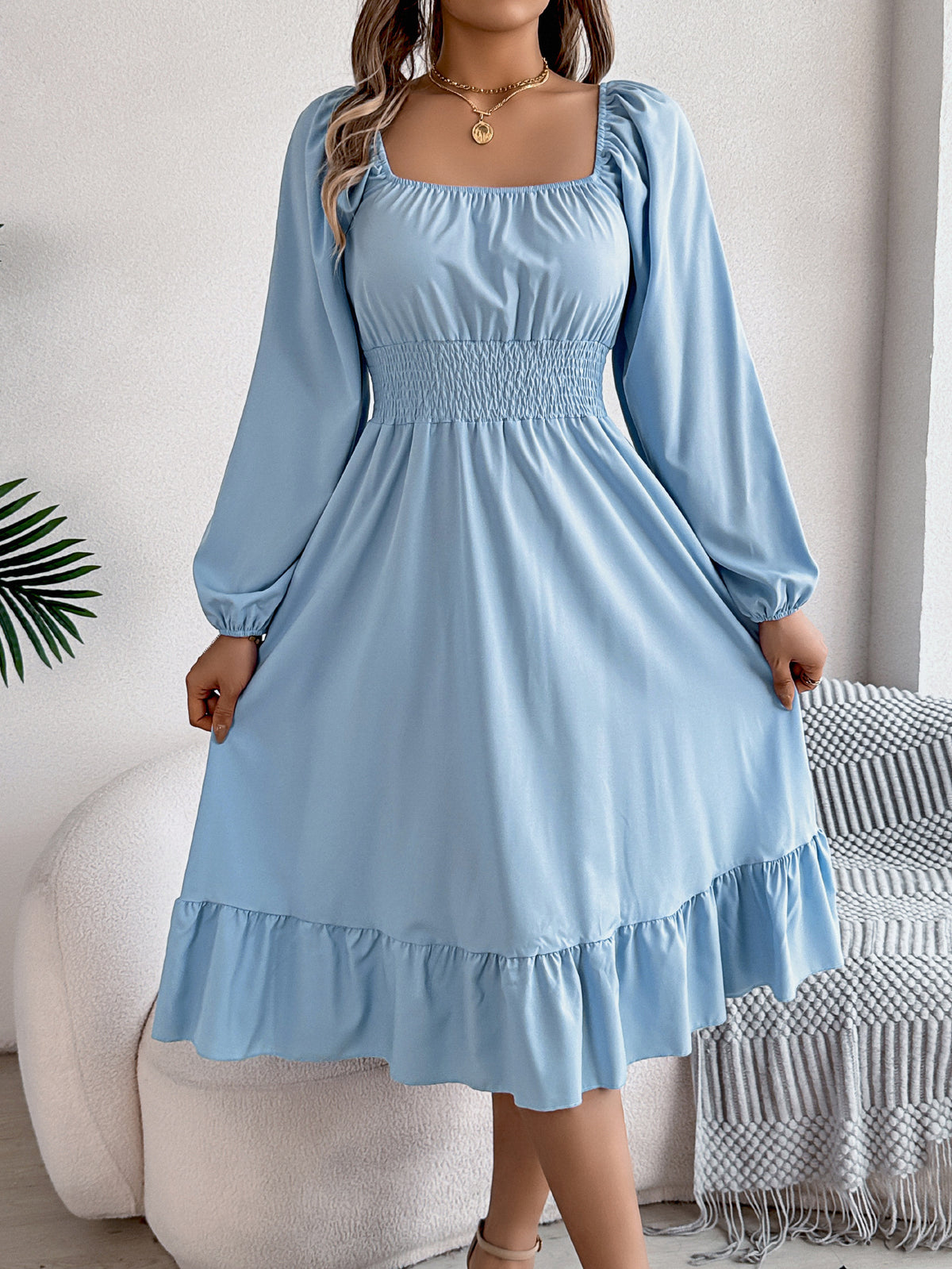 Square-Neck Ruffle A-Line Dress