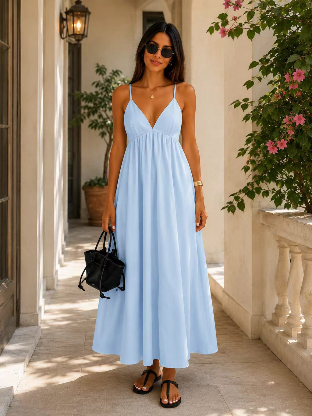 Backless V-Neck Vacation Dress