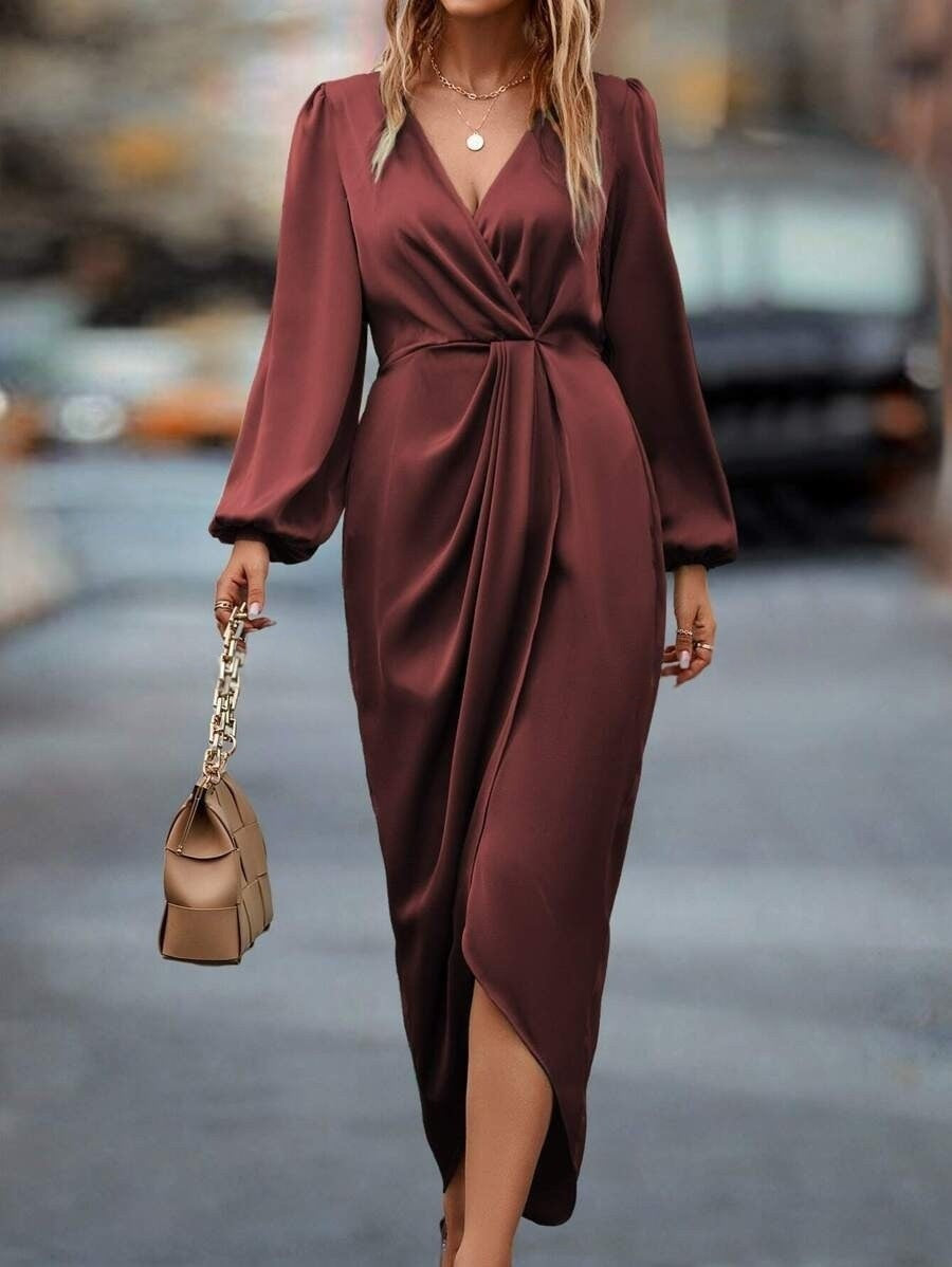 Long-Sleeve Satin Slit Dress