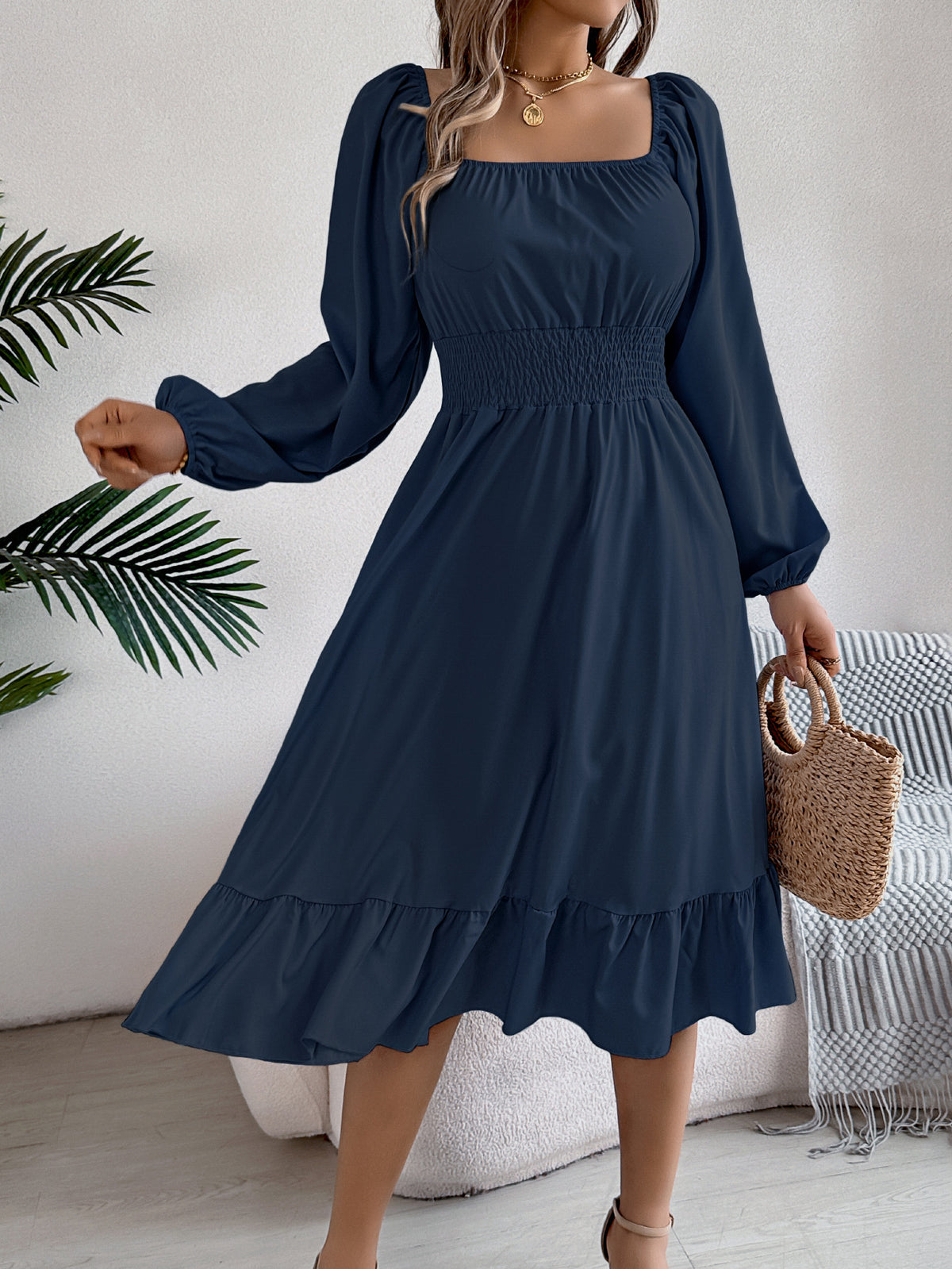 Square-Neck Ruffle A-Line Dress