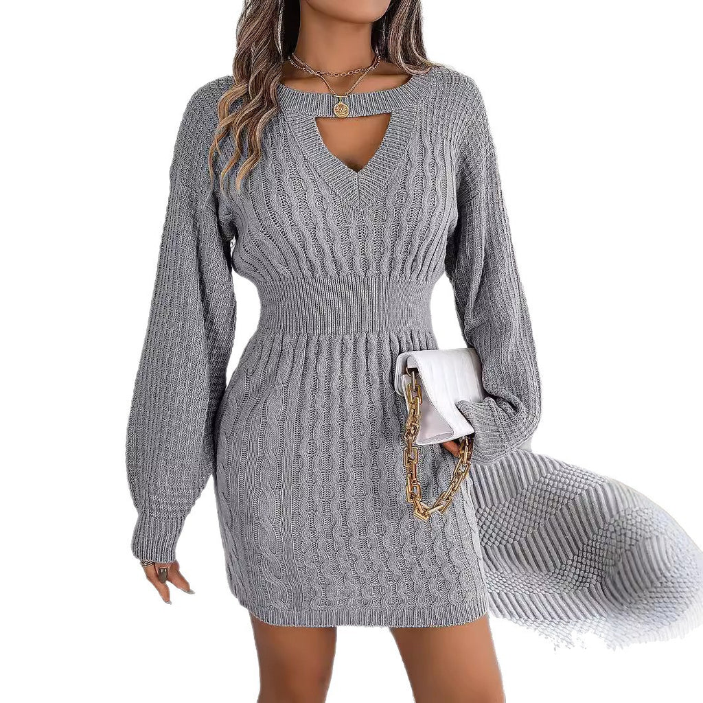 Twist Cutout Lantern-Sleeve Sweater Dress